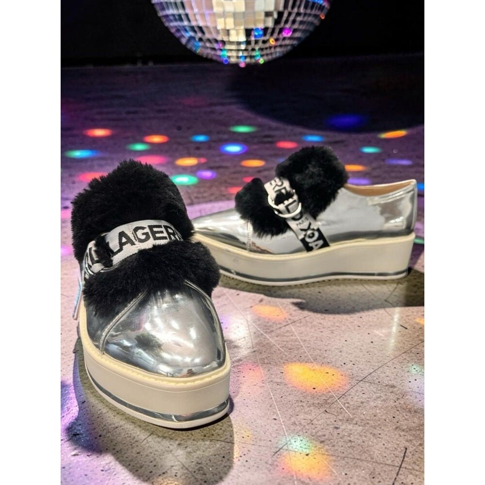 Karl Lagerfeld Paris Birdie Sneaker Mule Women's 8 Silver Fur Platform Slip On